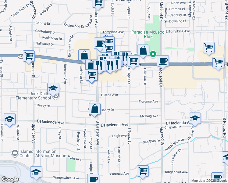 map of restaurants, bars, coffee shops, grocery stores, and more near 2504 Paradise Village Way in Las Vegas