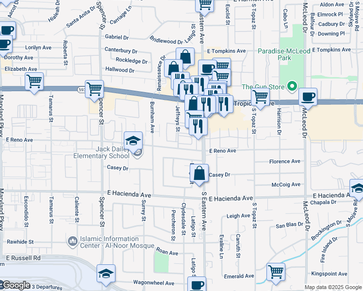 map of restaurants, bars, coffee shops, grocery stores, and more near 5060 Jeffreys Street in Las Vegas