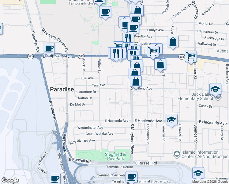 map of restaurants, bars, coffee shops, grocery stores, and more near 1067 Toni Avenue in Las Vegas