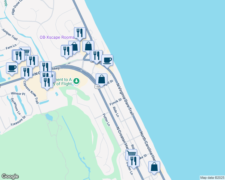 map of restaurants, bars, coffee shops, grocery stores, and more near 5125 Lindbergh Avenue in Kitty Hawk