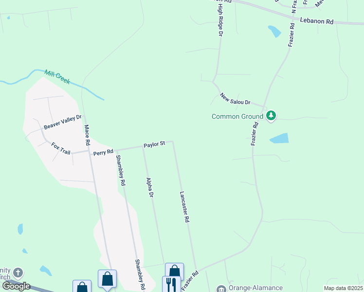 map of restaurants, bars, coffee shops, grocery stores, and more near 627 Lancaster Road in Mebane