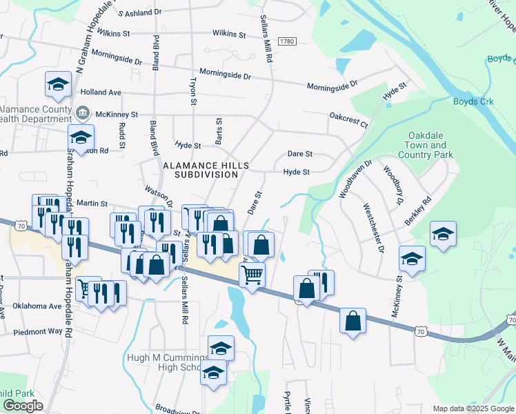 map of restaurants, bars, coffee shops, grocery stores, and more near 331 Dare Street in Burlington