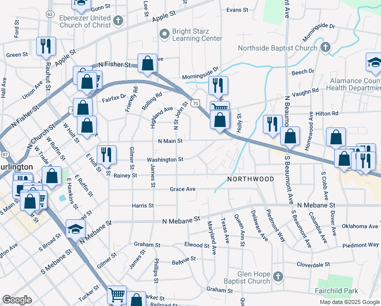 map of restaurants, bars, coffee shops, grocery stores, and more near 1021 North Main Street in Burlington