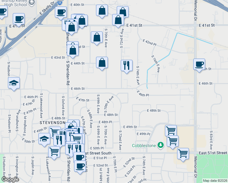 map of restaurants, bars, coffee shops, grocery stores, and more near 4460 South 70th East Avenue in Tulsa