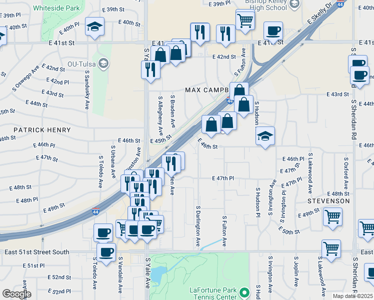 map of restaurants, bars, coffee shops, grocery stores, and more near State Highway 66 in Tulsa
