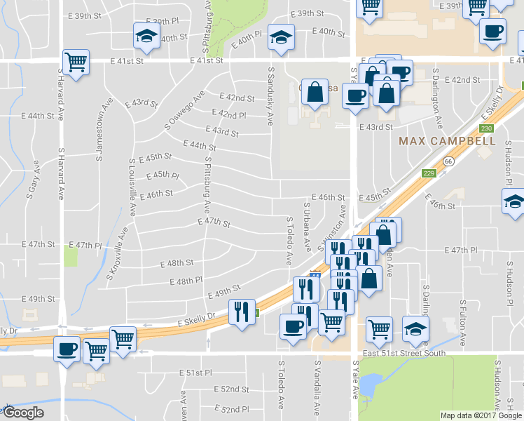 map of restaurants, bars, coffee shops, grocery stores, and more near 4182 East 46th Street in Tulsa