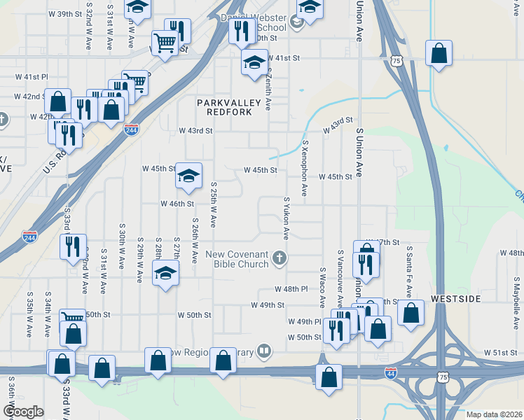 map of restaurants, bars, coffee shops, grocery stores, and more near 4530 South 23rd West Avenue in Tulsa