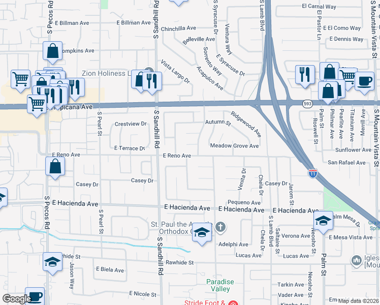 map of restaurants, bars, coffee shops, grocery stores, and more near 3916 East Reno Avenue in Las Vegas