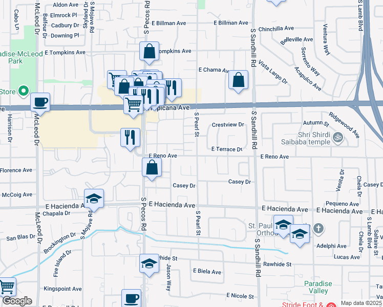 map of restaurants, bars, coffee shops, grocery stores, and more near 3683 Villa Knolls East Drive in Las Vegas