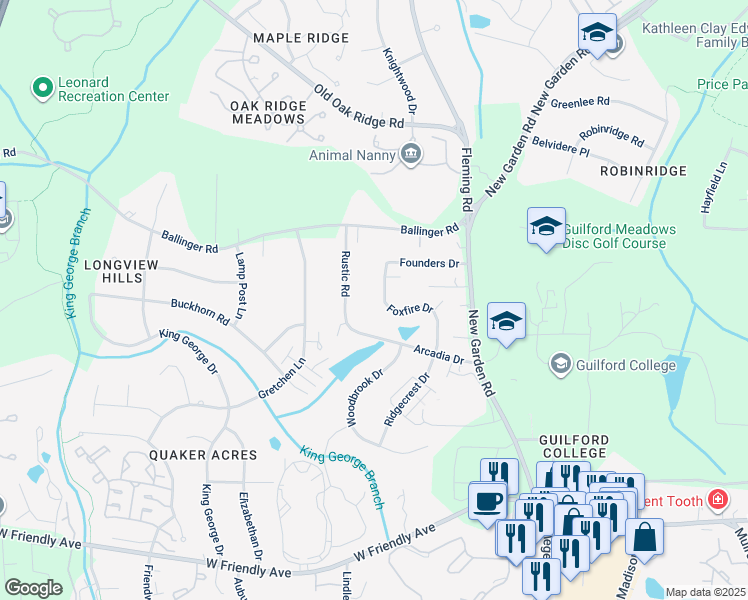map of restaurants, bars, coffee shops, grocery stores, and more near 1219 Foxfire Drive in Greensboro
