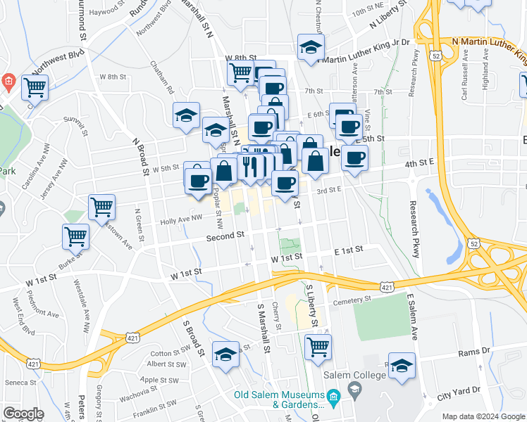 map of restaurants, bars, coffee shops, grocery stores, and more near 221 North Cherry Street in Winston-Salem
