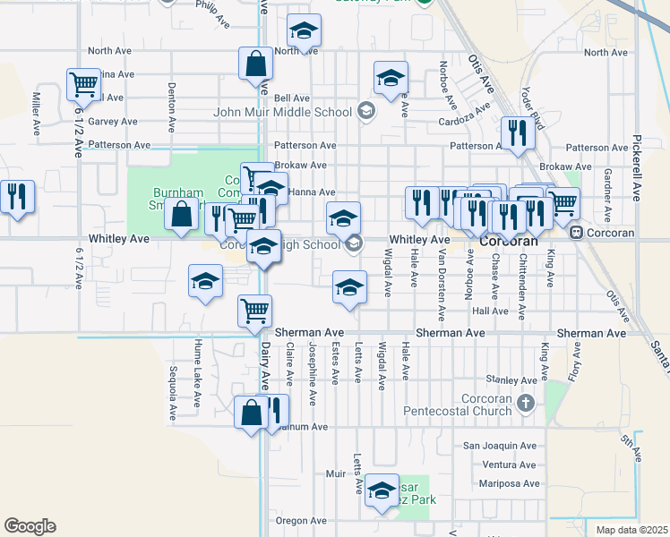 map of restaurants, bars, coffee shops, grocery stores, and more near 1100 Letts Avenue in Corcoran