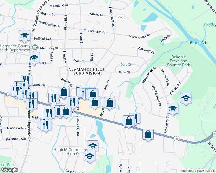 map of restaurants, bars, coffee shops, grocery stores, and more near 331 Dare Street in Burlington