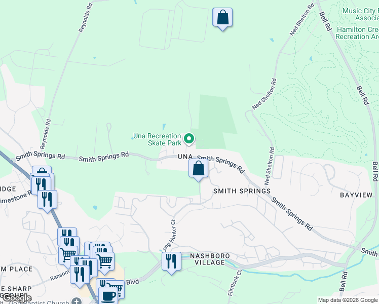 map of restaurants, bars, coffee shops, grocery stores, and more near 136 Una Recreation Road in Nashville