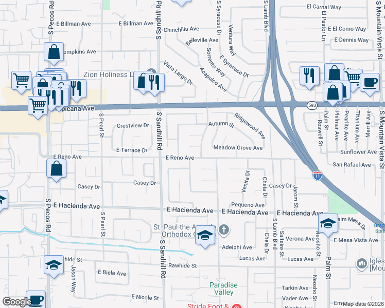 map of restaurants, bars, coffee shops, grocery stores, and more near 3916 East Reno Avenue in Las Vegas
