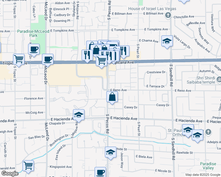 map of restaurants, bars, coffee shops, grocery stores, and more near 3435 Villa Knolls South Drive in Las Vegas