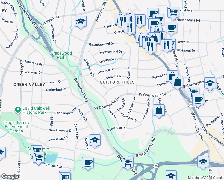 map of restaurants, bars, coffee shops, grocery stores, and more near 2517 Woodview Drive in Greensboro