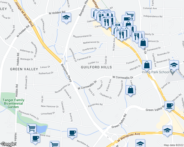 map of restaurants, bars, coffee shops, grocery stores, and more near 2517 Woodview Drive in Greensboro