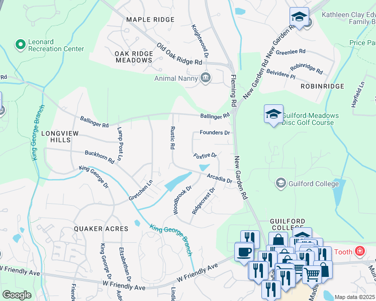 map of restaurants, bars, coffee shops, grocery stores, and more near 1219 Foxfire Drive in Greensboro