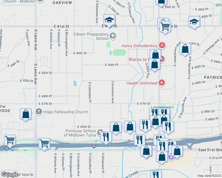 map of restaurants, bars, coffee shops, grocery stores, and more near 4604 South Evanston Avenue in Tulsa