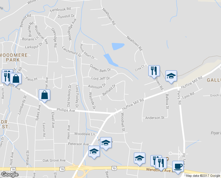map of restaurants, bars, coffee shops, grocery stores, and more near 4306 Belfield Drive in Greensboro