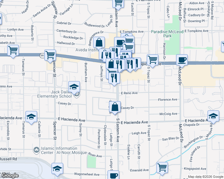 map of restaurants, bars, coffee shops, grocery stores, and more near 5070 Jeffreys Street in Las Vegas