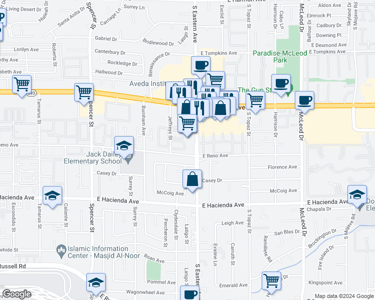 map of restaurants, bars, coffee shops, grocery stores, and more near 5070 Jeffreys Street in Las Vegas