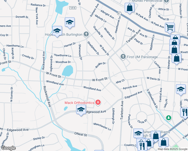 map of restaurants, bars, coffee shops, grocery stores, and more near 1300 Warwick Drive in Burlington