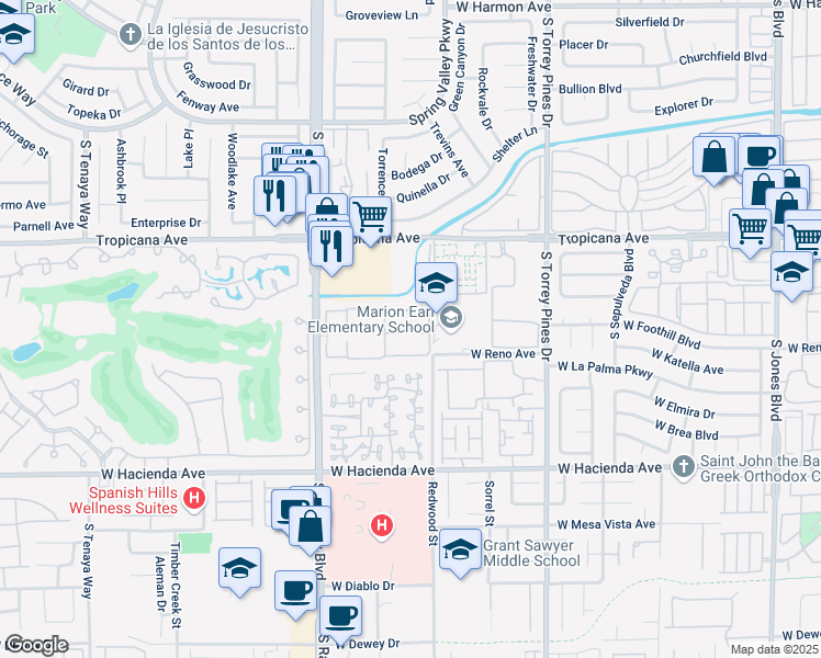 map of restaurants, bars, coffee shops, grocery stores, and more near 5042 South Rainbow Boulevard in Las Vegas
