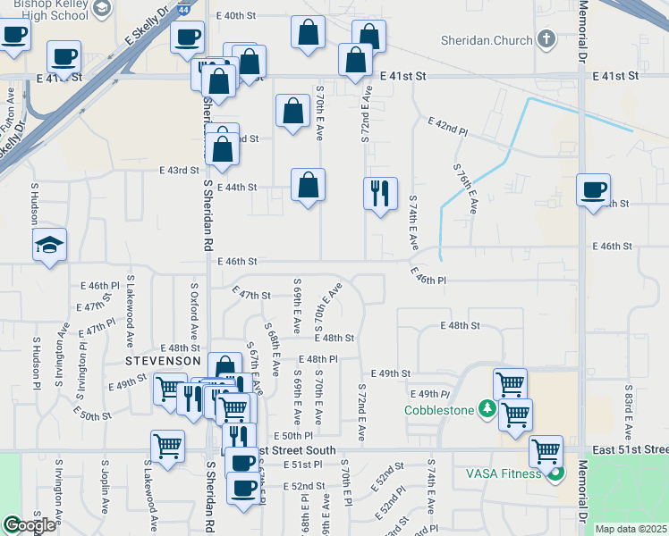 map of restaurants, bars, coffee shops, grocery stores, and more near 4460 South 70th East Avenue in Tulsa