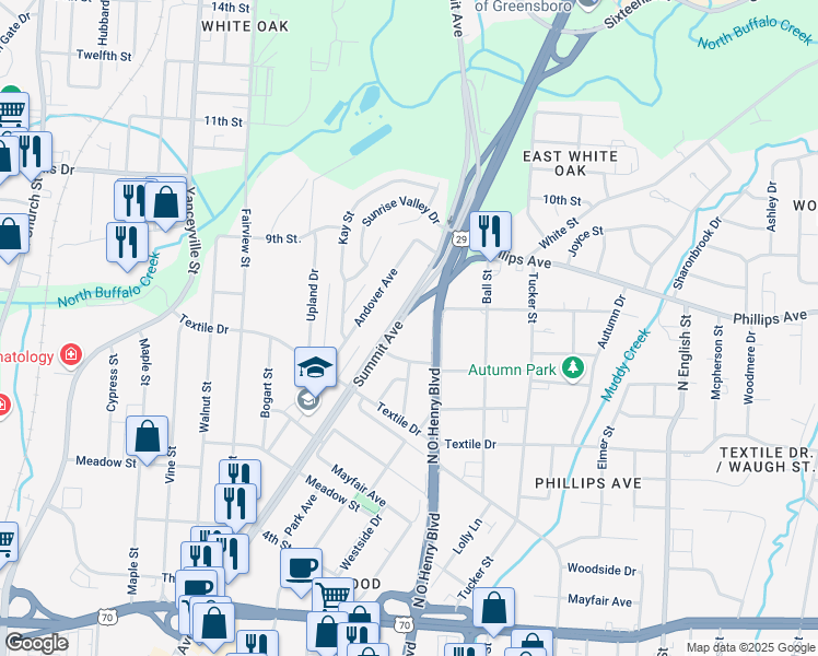 map of restaurants, bars, coffee shops, grocery stores, and more near 1527 Summit Avenue in Greensboro