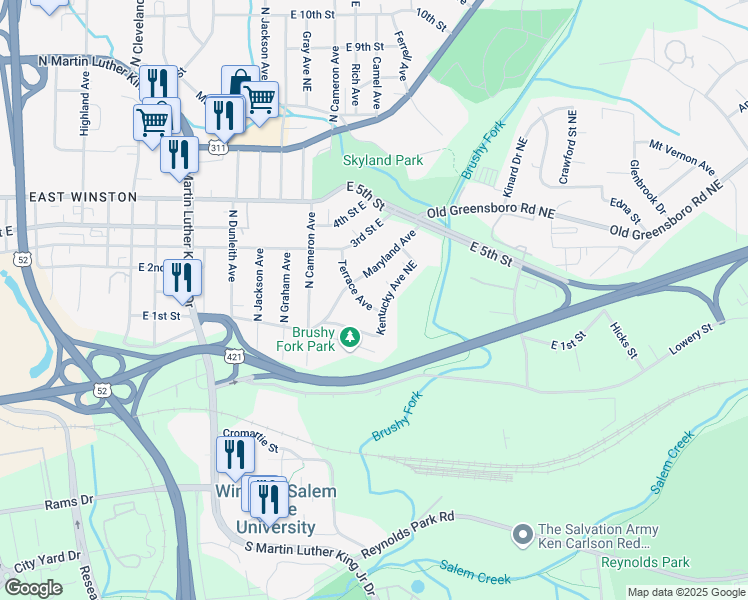 map of restaurants, bars, coffee shops, grocery stores, and more near 227 Terrace Avenue in Winston-Salem