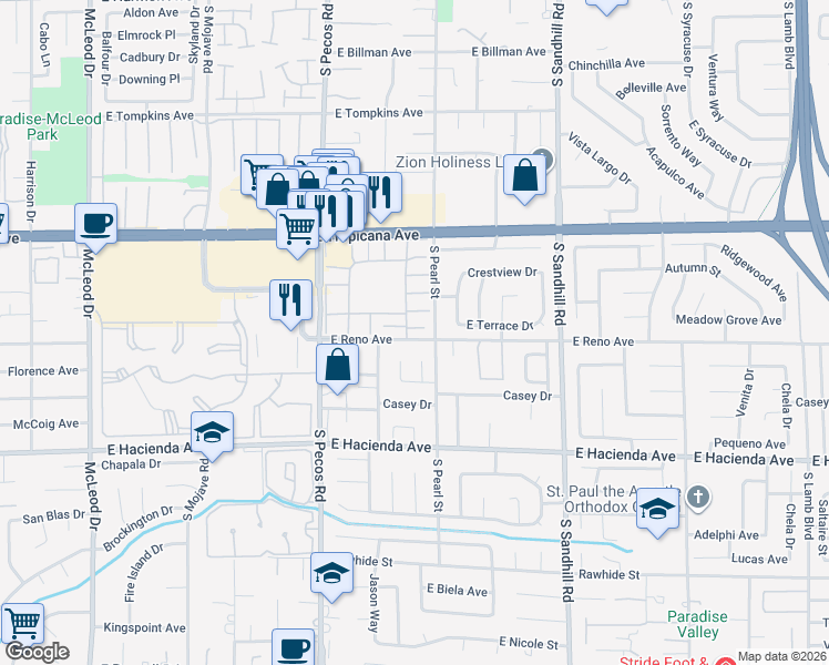 map of restaurants, bars, coffee shops, grocery stores, and more near 3658 Villa Knolls South Drive in Las Vegas