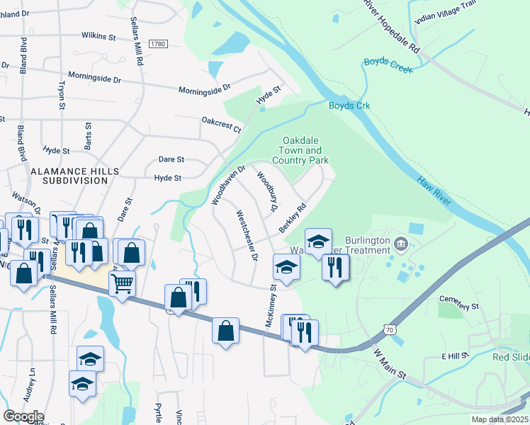 map of restaurants, bars, coffee shops, grocery stores, and more near 2732 McKinney Street in Burlington