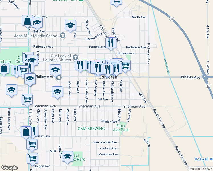map of restaurants, bars, coffee shops, grocery stores, and more near in Corcoran