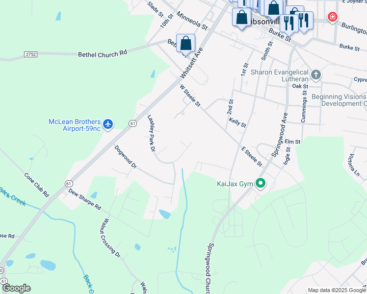map of restaurants, bars, coffee shops, grocery stores, and more near 1000 Lashley Park Drive in Gibsonville