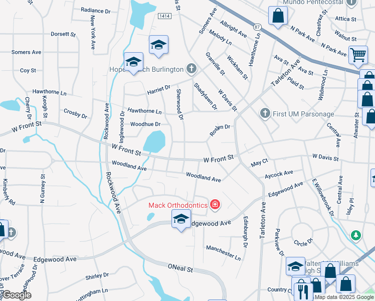map of restaurants, bars, coffee shops, grocery stores, and more near 1009 Sherwood Drive in Burlington