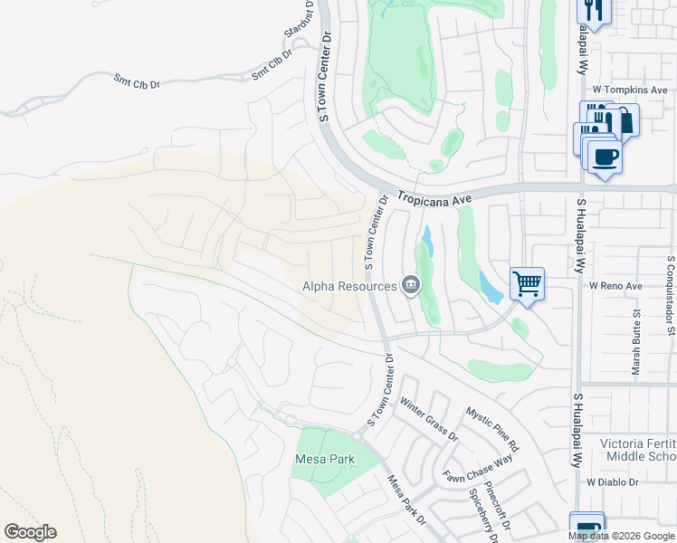 map of restaurants, bars, coffee shops, grocery stores, and more near South Town Center Drive in Las Vegas