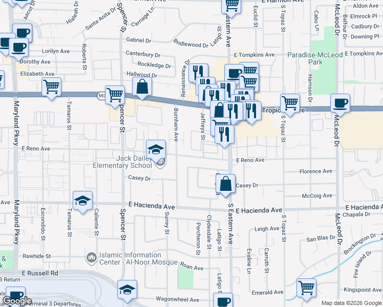map of restaurants, bars, coffee shops, grocery stores, and more near 2210 East Reno Avenue in Las Vegas