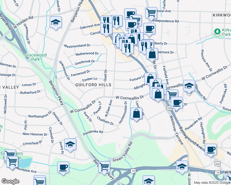 map of restaurants, bars, coffee shops, grocery stores, and more near 1200 North Elam Avenue in Greensboro