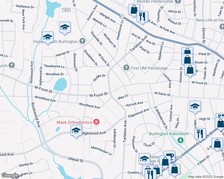 map of restaurants, bars, coffee shops, grocery stores, and more near 1005 Tarleton Avenue in Burlington