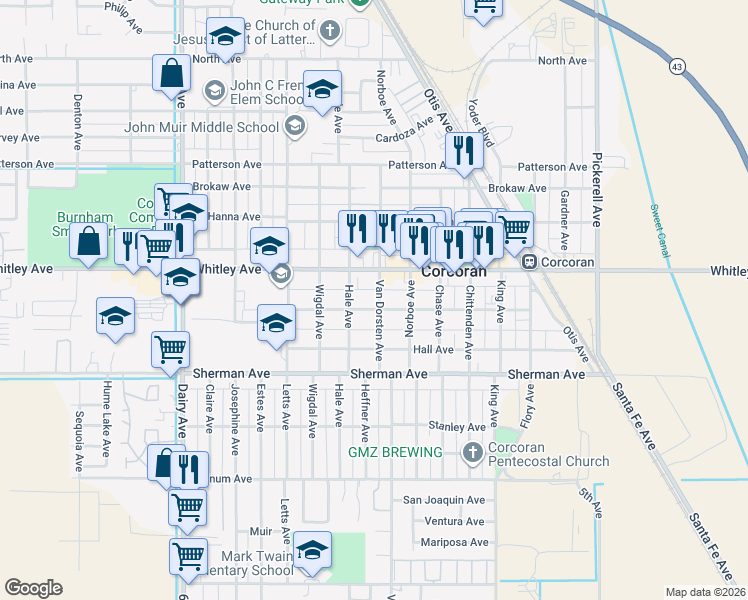 map of restaurants, bars, coffee shops, grocery stores, and more near 1221 Whitley Avenue in Corcoran