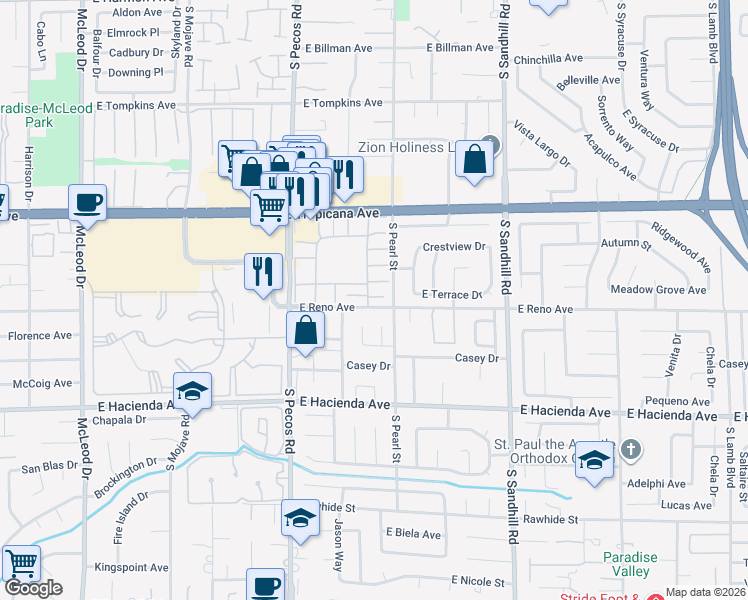 map of restaurants, bars, coffee shops, grocery stores, and more near 3658 Villa Knolls South Drive in Las Vegas