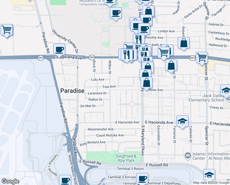 map of restaurants, bars, coffee shops, grocery stores, and more near 1067 Toni Avenue in Las Vegas