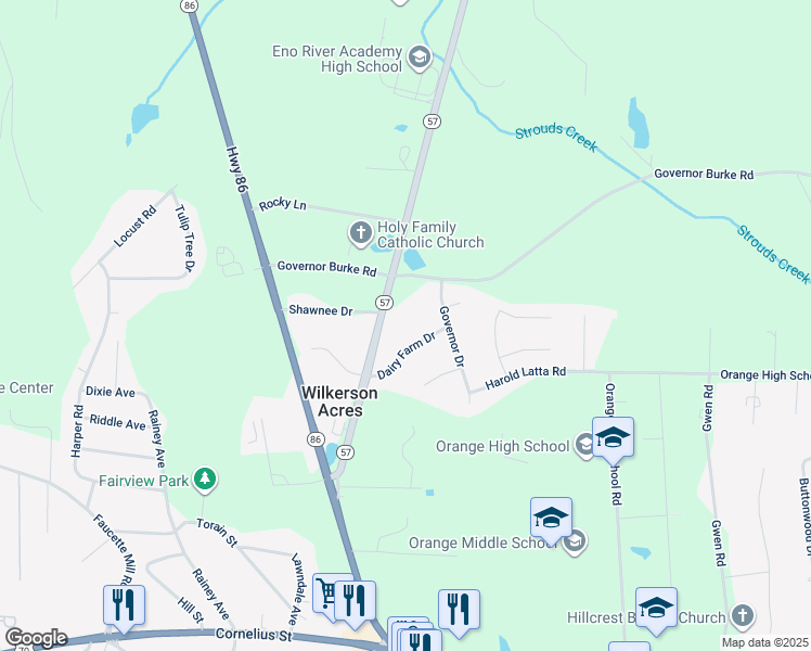 map of restaurants, bars, coffee shops, grocery stores, and more near North Carolina 57 in Hillsborough