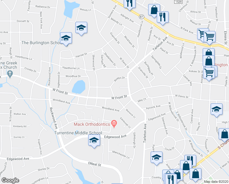 map of restaurants, bars, coffee shops, grocery stores, and more near 1400 Roslyn Drive in Burlington