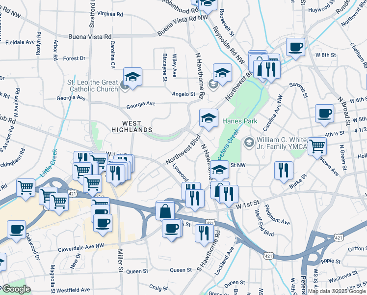 map of restaurants, bars, coffee shops, grocery stores, and more near 1515 West Northwest Boulevard in Winston-Salem