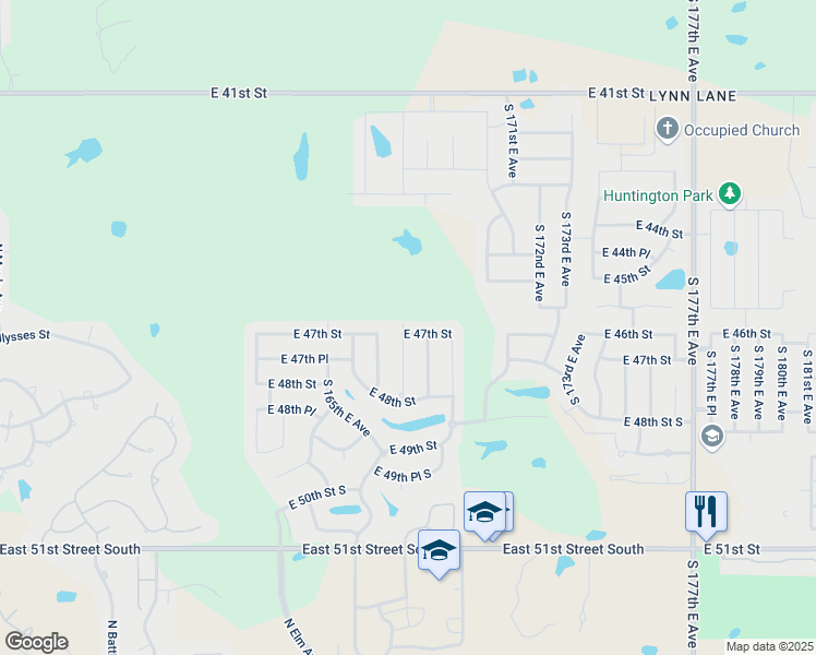 map of restaurants, bars, coffee shops, grocery stores, and more near 4636 South 167th East Avenue in Tulsa