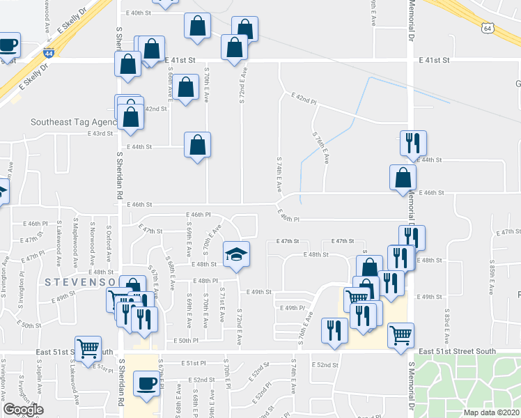 map of restaurants, bars, coffee shops, grocery stores, and more near 7217 East 46th Street in Tulsa