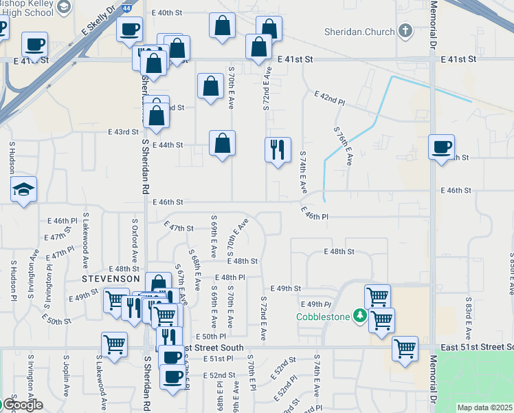 map of restaurants, bars, coffee shops, grocery stores, and more near 4460 South 70th East Avenue in Tulsa